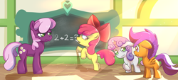 Size: 1024x461 | Tagged: safe, artist:z0rgy, apple bloom, cheerilee, scootaloo, sweetie belle, pony, chalk, chalkboard, cutie mark crusaders, fancy mathematics, math, mouth hold, nervous, scared, school, unamused