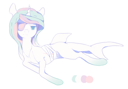 Size: 2414x1682 | Tagged: safe, artist:sorasku, oc, oc only, oc:pastel reef, original species, pony, shark pony, bandage, eyepatch, female, mare, prone, solo