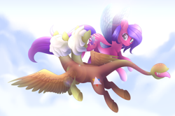 Size: 4200x2795 | Tagged: safe, artist:scarlet-spectrum, oc, oc only, hybrid, pegasus, pony, absurd resolution, commission, duo, female, flying, mare, sky