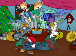 Size: 1500x1104 | Tagged: safe, artist:chibadeer, oc, oc only, oc:rainy, changeling, earth pony, pegasus, pony, unicorn, christmas tree, clock, female, gramophone, magic, male, mare, nose wrinkle, present, prone, stallion, table, tangerine, tongue out, tree