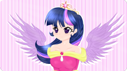 Size: 2250x1250 | Tagged: safe, artist:pacificaharrington, twilight sparkle, twilight sparkle (alicorn), alicorn, human, big crown thingy, clothes, coronation dress, crown, dress, elements of harmony, humanized, jewelry, regalia, solo, spread wings, winged humanization, wings