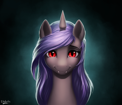 Size: 1600x1378 | Tagged: safe, artist:l1nkoln, oc, oc only, oc:nightdancer, bat pony, hybrid, pony, unicorn, bat pony unicorn, commission, fangs, female, gradient background, looking at you, mare, red eyes, signature, slit eyes, smiling, solo