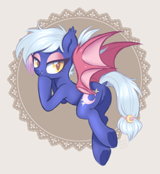 Size: 2700x2952 | Tagged: safe, artist:hawthornss, oc, oc only, oc:moon sugar, bat pony, pony, bedroom eyes, cute little fangs, dock, ear fluff, eyeshadow, fangs, hair accessory, looking at you, makeup, plot, simple background, solo, underhoof