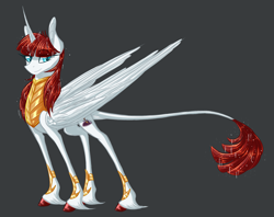 Size: 1700x1343 | Tagged: safe, artist:australian-senior, oc, oc only, oc:fausticorn, oc:rosetta, alicorn, classical unicorn, pony, unicorn, alternate universe, armor, cloven hooves, colored hooves, goddess, gray background, kirindos, leonine tail, simple background, solo, unshorn fetlocks