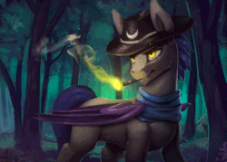 Size: 672x480 | Tagged: safe, artist:rodrigues404, oc, oc only, bat pony, pony, animated, cigarette, cinemagraph, commission, cowboy hat, forest, gif, hat, male, rain, slit eyes, smoking, solo, stallion, stetson, tree