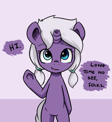 Size: 1280x1403 | Tagged: safe, artist:artguydis, oc, oc only, oc:disastral, pony, unicorn, askdisastral, bipedal, broken horn, dialogue, female, looking at you, mare, pigtails, solo, underhoof