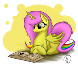 Size: 700x600 | Tagged: safe, artist:marmorexx, oc, oc only, alicorn, pony, book, female, mare, prone, reading, solo