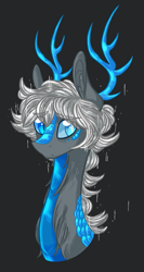 Size: 799x1500 | Tagged: safe, artist:australian-senior, alicorn, kirin, pony, alternate universe, antlers, blind, blue eyes, bust, colored sclera, crossover, gray background, kirindos, portal, portal (valve), portal 2, scales, simple background, solo, wheatley