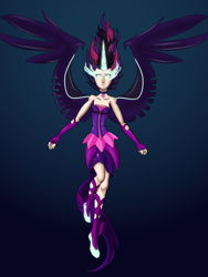 Size: 2916x3888 | Tagged: safe, artist:dinosaurcol, midnight sparkle, sci-twi, twilight sparkle, human, equestria girls, friendship games, clothes, gloves, gradient background, horned humanization, human coloration, humanized, jewelry, light skin, long gloves, necklace, pale skin, solo, winged humanization, wings