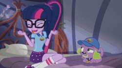 Size: 837x469 | Tagged: safe, screencap, sci-twi, spike, spike the regular dog, twilight sparkle, dog, equestria girls, legend of everfree, legend of everfree - bloopers, adorkable, animated, animated actors, blooper, cute, dork, gif, tongue out, twiabetes