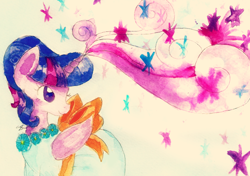 Size: 1024x719 | Tagged: safe, artist:chiuuchiuu, twilight sparkle, twilight sparkle (alicorn), alicorn, pony, what about discord?, clothes, dress, gala dress, magic, solo, traditional art, watercolor painting