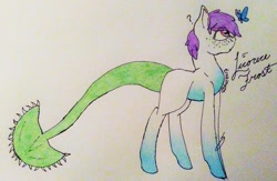 Size: 1024x667 | Tagged: safe, artist:anxiouslilnerd, oc, oc only, butterfly, cyclops, earth pony, pony, closed species, freckles, male, simple background, solo, stallion, traditional art, venus flytrap