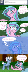 Size: 1280x3246 | Tagged: safe, artist:hummingway, oc, oc only, oc:cerulean mist, oc:swirly shells, merpony, pony, unicorn, ask-humming-way, comic, dialogue, duo, speech bubble, thought bubble, tumblr, tumblr comic