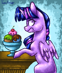 Size: 900x1050 | Tagged: safe, artist:twixyamber, twilight sparkle, twilight sparkle (alicorn), alicorn, pony, caught, cherry, food, frown, ice cream, looking at you, looking back, solo, surprised, wide eyes