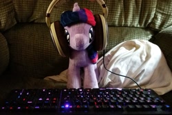 Size: 1440x967 | Tagged: safe, twilight sparkle, twilight sparkle (alicorn), alicorn, pony, 4de, headphones, irl, keyboard, photo, pillow, plushie, solo