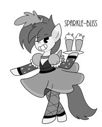 Size: 1024x1280 | Tagged: safe, artist:sparkle-bliss, oc, oc only, oc:console command, pony, black and white cartoon, clothes, commission, crossdressing, dress, grayscale, milkshake, monochrome, old timey, one eye closed, pacman eyes, saloon dress, smiling, solo, style emulation, tray, waitress, wink