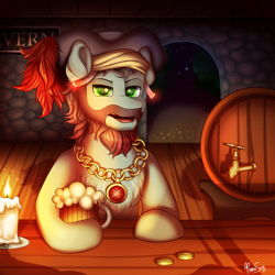 Size: 2000x2000 | Tagged: safe, artist:confetticakez, oc, oc only, earth pony, pony, alcohol, beard, candle, facial hair, jewelry, male, necklace, pirate, ruby, solo, stallion, tavern