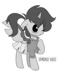 Size: 1024x1280 | Tagged: safe, artist:sparkle-bliss, oc, oc only, oc:frost d. tart, alicorn, pony, alicorn oc, black and white cartoon, clothes, commission, crossdressing, cute, dress, grayscale, monochrome, ocbetes, old timey, one eye closed, pacman eyes, ponytail, school uniform, schoolgirl, simple background, skirt, solo, style emulation, transparent background, wink