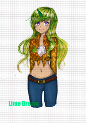 Size: 2410x3436 | Tagged: safe, artist:limedreaming, artist:okotteneko, oc, oc only, oc:lime dream, human, belly button, clothes, horned humanization, humanized, lined paper, midriff, solo, traditional art