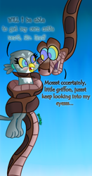 Size: 670x1280 | Tagged: safe, artist:snakeythingy, gabby, griffon, snake, coils, dialogue, imminent vore, kaa, kaa eyes, mind control, peril, spiral, swirly eyes