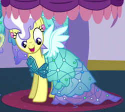 Size: 463x414 | Tagged: safe, screencap, upper crust, pony, unicorn, canterlot boutique, background pony, clothes, cute, dress, ear piercing, earring, female, jewelry, mare, outfit catalog, piercing, princess dress, solo