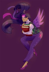 Size: 674x1000 | Tagged: safe, artist:enfant-des-reves, twilight sparkle, twilight sparkle (alicorn), alicorn, human, book, clothes, dark skin, humanized, jeans, pants, simple background, smiling, solo, sweater vest, winged humanization, wings