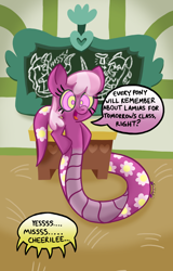 Size: 750x1170 | Tagged: safe, artist:snakeythingy, cheerilee, oc, oc:cora, oc:ruby, lamia, original species, snake pony, chalkboard, dialogue, hypnosis, kaa eyes, offscreen character, school house, solo, species swap, spiral, story included, swirly eyes