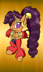 Size: 740x1240 | Tagged: safe, artist:snakeythingy, saffron masala, pony, belly dancer, bipedal, clothes, cosplay, costume, costume swap, crossover, genie, hair over one eye, one eye closed, shantae, shantae (character), solo, wink