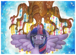 Size: 1023x744 | Tagged: safe, artist:kawaii-desudesu, twilight sparkle, twilight sparkle (alicorn), alicorn, pony, castle sweet castle, crying, floppy ears, solo, tears of joy, traditional art, tree of memories