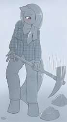 Size: 1000x1800 | Tagged: safe, artist:evomanaphy, marble pie, anthro, earth pony, unguligrade anthro, blushing, clothes, female, gradient background, jeans, mare, mining, pants, pickaxe, plaid shirt, rock, solo