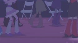 Size: 1100x618 | Tagged: safe, screencap, diamond tiara, mystery mint, scribble dee, sophisticata, teddy t. touchdown, equestria girls, equestria girls (movie), boots, chair, clothes, confetti, fall formal, fall formal outfits, high heel boots, legs, raised leg, rear view, shoes, sneakers, this is our big night