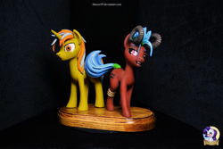 Size: 1024x683 | Tagged: safe, artist:shuxer59, oc, oc only, demon, demon pony, pony, unicorn, colored pupils, commission, female, flirting, horn, irl, male, mare, oc x oc, photo, shipping, smiling, stallion, statue