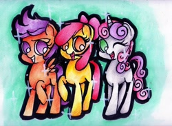 Size: 3482x2550 | Tagged: safe, artist:nabirar, apple bloom, scootaloo, sweetie belle, cutie mark crusaders, sparkling, traditional art