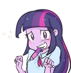 Size: 750x768 | Tagged: safe, artist:haden-2375, twilight sparkle, equestria girls, clothes, cute, looking at you, mouth drawing, mouth hold, pen, simple background, smiling, twiabetes