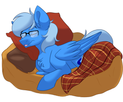 Size: 1200x1000 | Tagged: safe, artist:itstaylor-made, oc, oc only, oc:blue brush, pony, bed, blanket, fluffy, glasses, male, resting, sleeping, solo