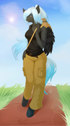 Size: 750x1350 | Tagged: safe, artist:renatethepony, oc, oc only, oc:leona mercury, anthro, pegasus, unguligrade anthro, anthro oc, cargo pants, clothes, ear fluff, satchel, solo, tanktop