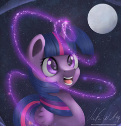 Size: 738x768 | Tagged: safe, artist:musicfirewind, twilight sparkle, twilight sparkle (alicorn), alicorn, pony, bookhorse, magic, moon, solo