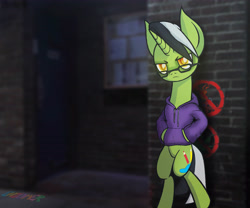 Size: 4448x3704 | Tagged: safe, artist:enzomersimpsons, oc, oc only, oc:pencil borrows, pony, unicorn, absurd resolution, alleyway, black and white mane, clothes, glasses, glowing eyes, hoodie, realistic background, solo