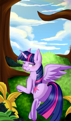 Size: 817x1400 | Tagged: safe, artist:artistgenepal, twilight sparkle, twilight sparkle (alicorn), alicorn, pony, flower, looking back, plot, prone, solo, tongue out, tree, twibutt