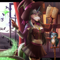 Size: 1000x1000 | Tagged: safe, artist:sorafoxyteils, oc, oc only, oc:solus, anthro, bat, owl, book, bookshelf, breasts, clothes, corset, costume, female, hat, magic, moon, runes, skirt, skull, solo, spellbook, witch hat