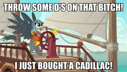 Size: 1065x600 | Tagged: safe, edit, edited screencap, screencap, gabby, griffon, the fault in our cutie marks, boat, gabby's shanty, image macro, meme, ocean, rich boy, ship, solo, song reference, throw some d's, vulgar