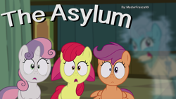 Size: 1024x576 | Tagged: safe, artist:masterfrasca, apple bloom, scootaloo, screw loose, sweetie belle, blurry background, cover art, cutie mark crusaders, fanfic, fanfic art, fanfic cover, hospital, photoshop, trace