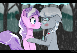 Size: 1024x702 | Tagged: dead source, safe, artist:oxana-ice-k-p, diamond tiara, silver spoon, blushing, cute, eyes closed, female, kissing, lesbian, older, older diamond tiara, older silver spoon, rain, romantic, shipping, silvertiara, surprise kiss, surprised, umbrella, wet, wet mane