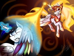 Size: 1900x1450 | Tagged: safe, artist:jack-pie, daybreaker, oc, oc:rainbow shield, alicorn, pony, a royal problem, alicorn oc, armor, barrier, commission, fire, magic, mane of fire