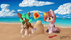 Size: 1280x725 | Tagged: safe, artist:miraisora, oc, oc only, pony, beach, outdoors, sandcastle