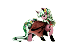 Size: 3507x2480 | Tagged: safe, artist:dormin-dim, oc, oc only, oc:land writer, pony, unicorn, cloak, clothes, female, flower, flower in hair, gift art, looking back, mare, raised hoof, simple background, smiling, solo, transparent background