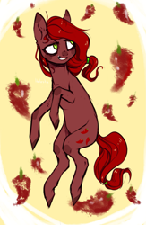 Size: 1253x1920 | Tagged: safe, artist:holosta, oc, oc only, oc:red pepper, earth pony, pony, cute, female, food, long mane, mare, pepper, red, smiling, solo, sweet