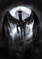 Size: 900x1273 | Tagged: safe, artist:sh1la, nightmare moon, flying, glowing eyes, grin, moon, smiling, solo