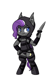 Size: 600x900 | Tagged: safe, artist:rice, oc, oc only, oc:splash, bat pony, pony, armor, dagger, ear piercing, female, hood, leather armor, leather straps, lip piercing, mare, piercing, rogue, short tail, smolpone, weapon