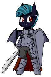 Size: 600x900 | Tagged: safe, artist:rice, oc, oc only, oc:midnight chastise, bat pony, pony, armor, bat wings, cape, clothes, ear piercing, earring, fangs, female, jewelry, kite shield, lip piercing, mare, medieval, piercing, shield, sword, tall pone, weapon